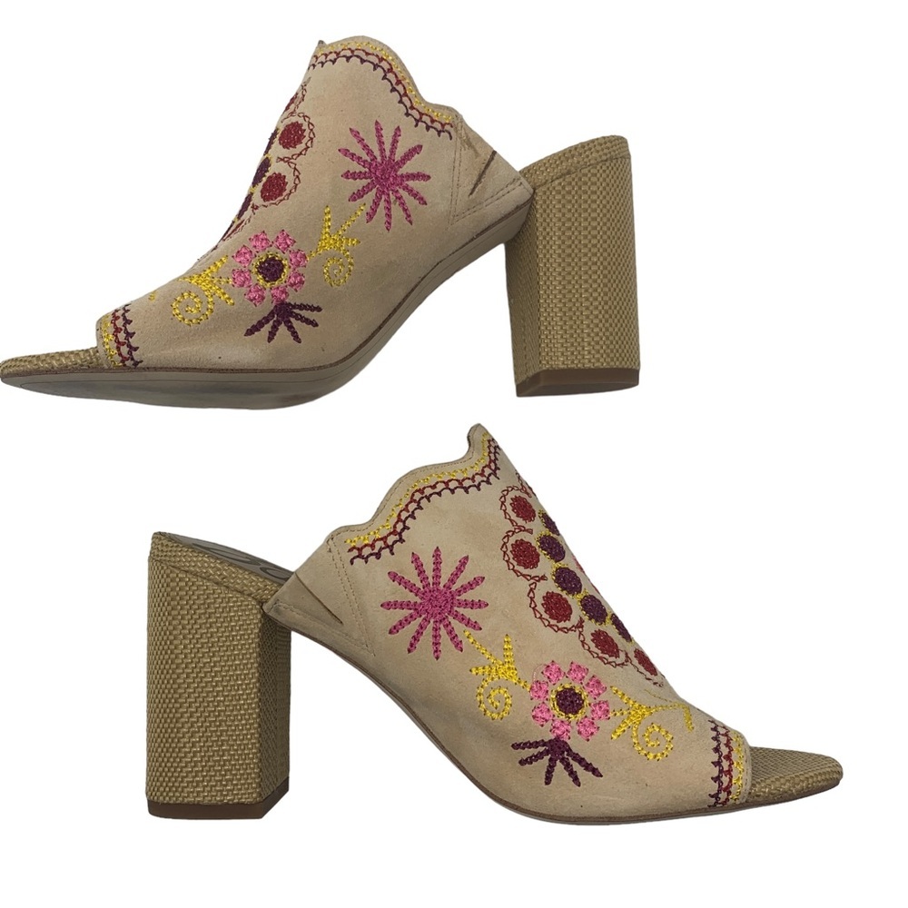 Sam Edelman Beige Boho Embroidered Floral Block Heel Mules Peep Toe “Olive” - Picture 2 of 15